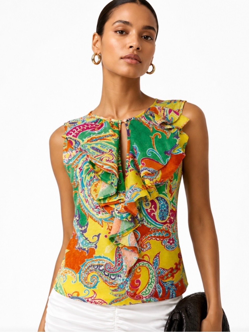 RALPH LAUREN Paisley Ruffle Sleeveless Top in Yellow Green Orange Size Small